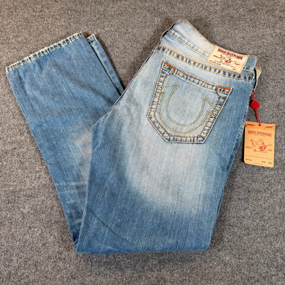True Religion Slim Old Multi Big T Jeans Mens 40 Ocean Tide Big Stitch NEW